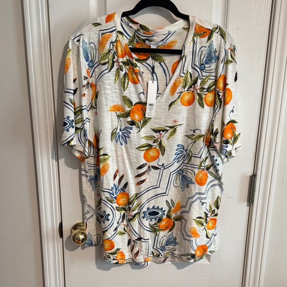 Chico's Cotton Slub Fruit Notch Neck Tee